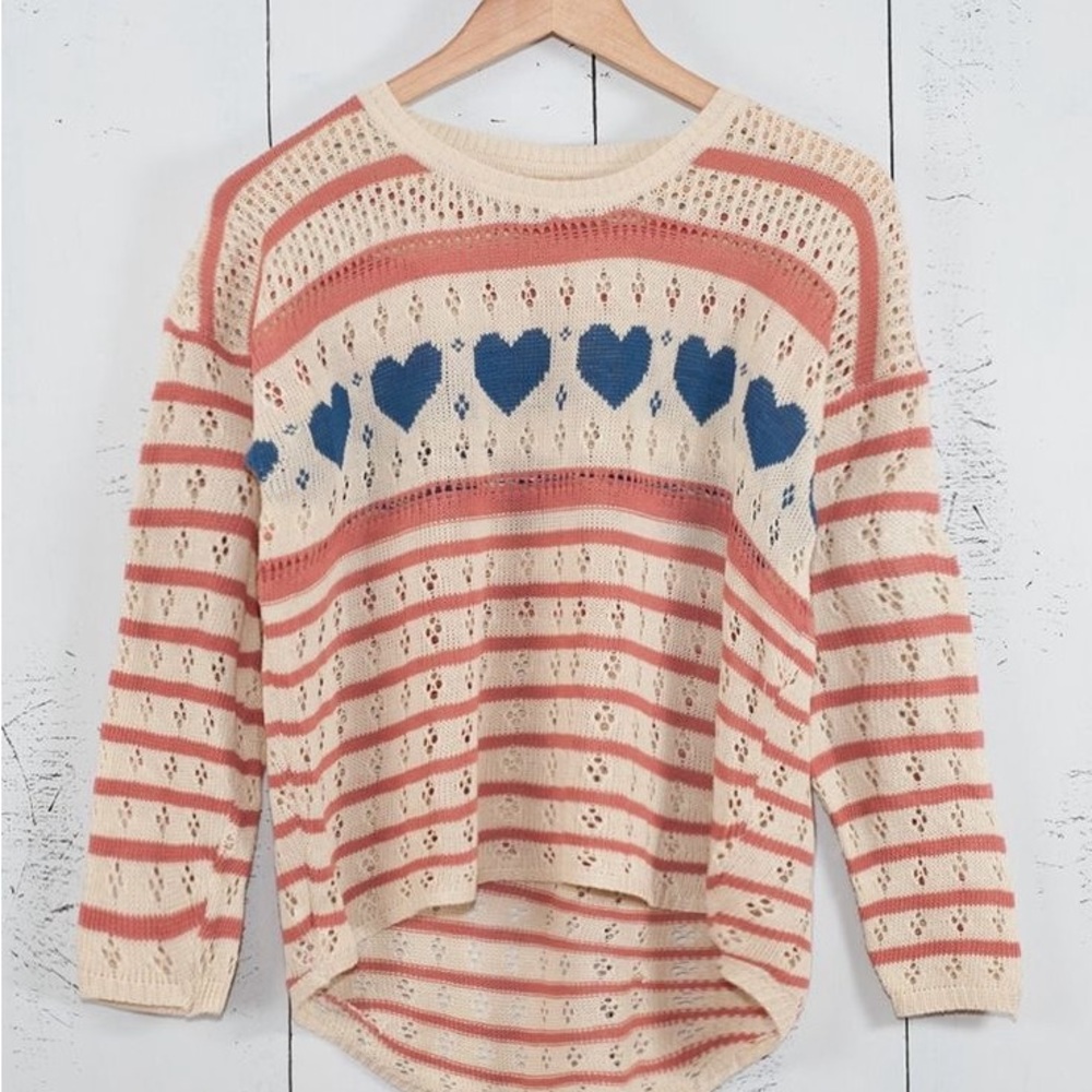 Striped Heart Pattern Sweater - Cream and Pink
